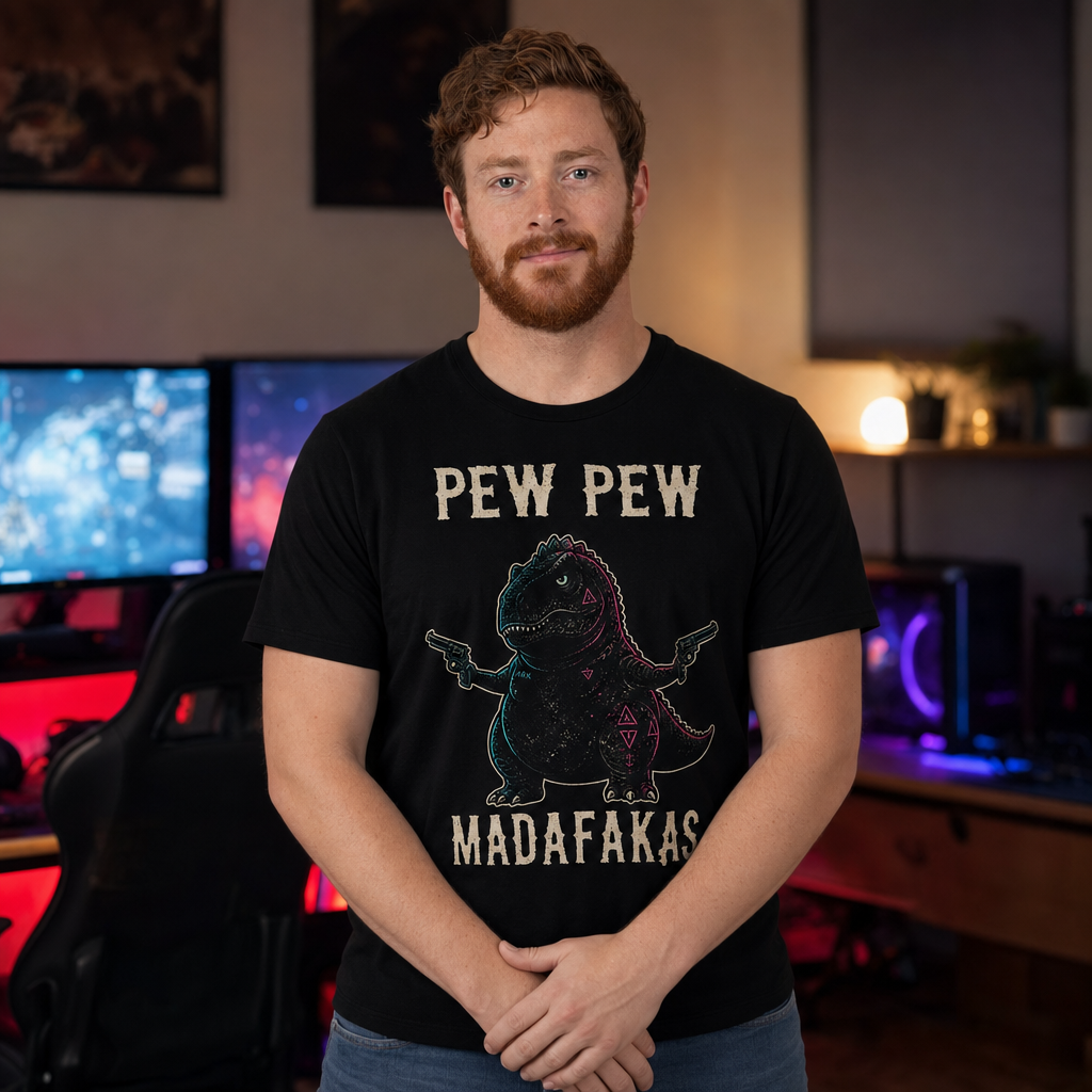Pew Pew Madness T-Shirt — Quietly Ascended — AI-generated lifestyle photo (black__ryan)