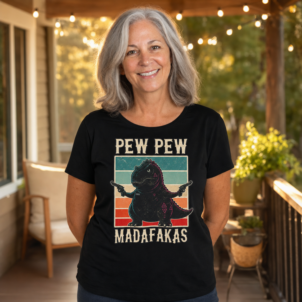 Pew Pew Madness T-Shirt — Alt Print — Quietly Ascended — AI-generated lifestyle photo (black__sam)