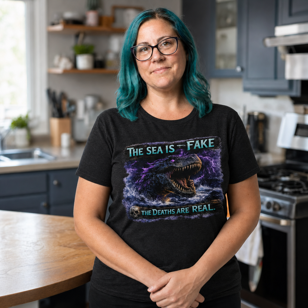 The Sea Is Fake T-Shirt — Quietly Ascended — AI-generated lifestyle photo (dark grey heather__jess)
