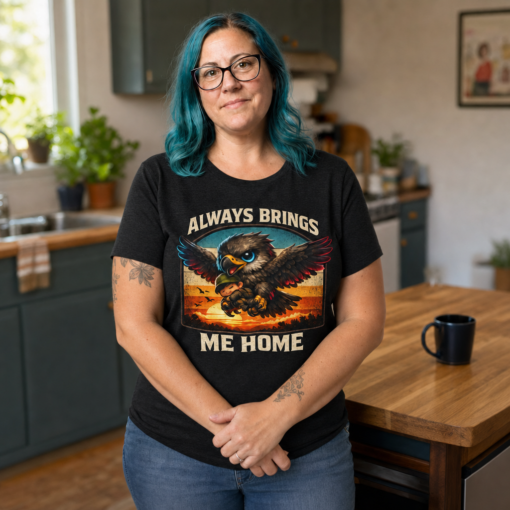 Always Brings Me Home T-Shirt — Quietly Ascended — AI-generated lifestyle photo (dark grey heather__jess)