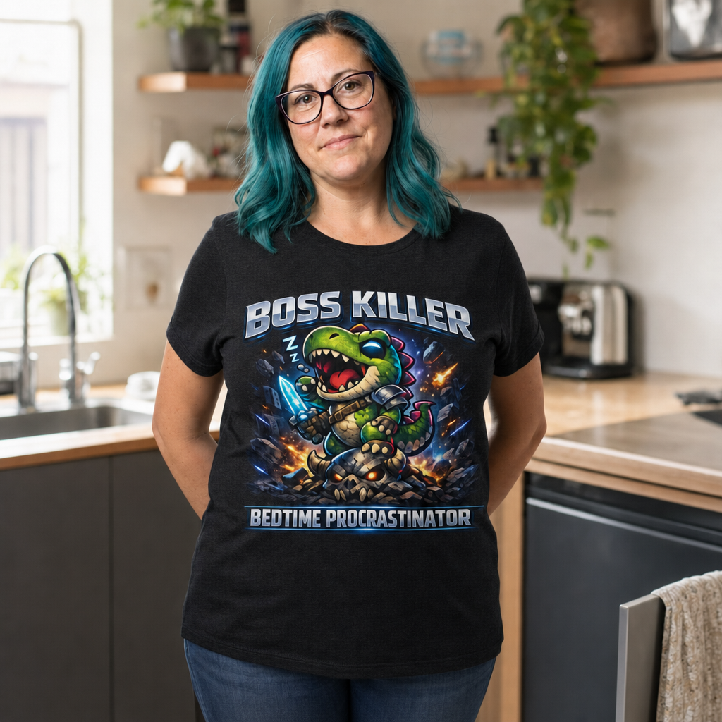 Boss Killer, Bedtime Procrastinator T-Shirt — Alt Print — Quietly Ascended — AI-generated lifestyle photo (dark grey heather__jess)
