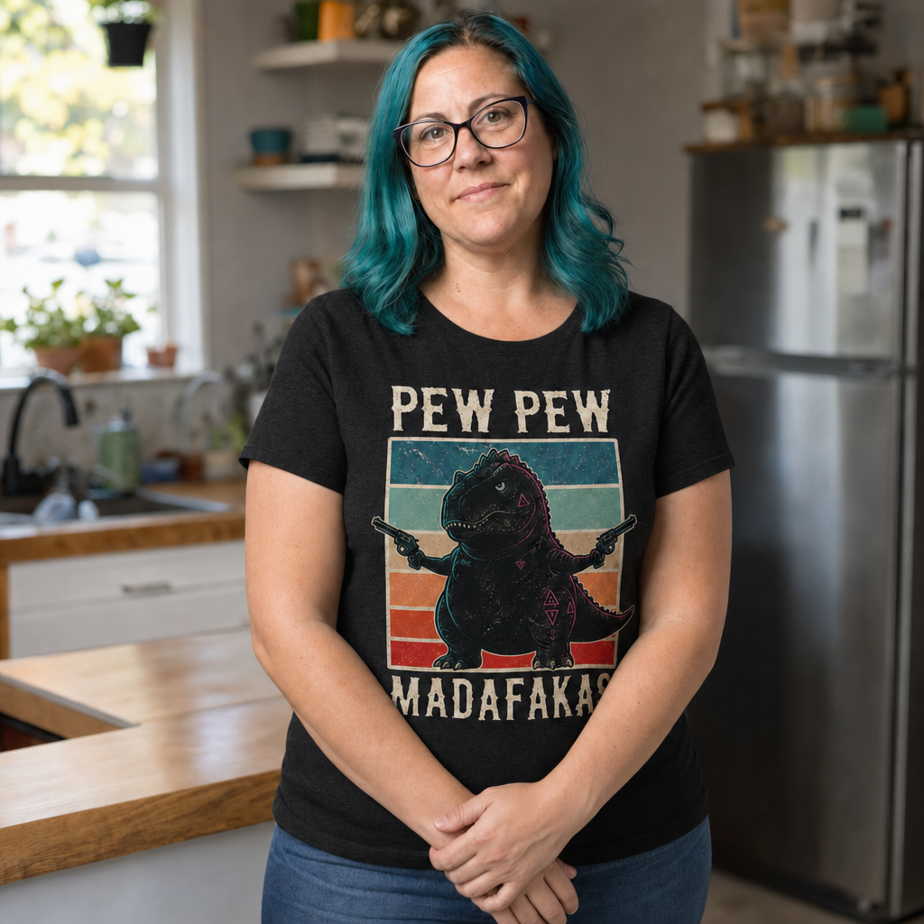Pew Pew Madness T-Shirt — Quietly Ascended — AI-generated lifestyle photo (dark grey heather__jess)