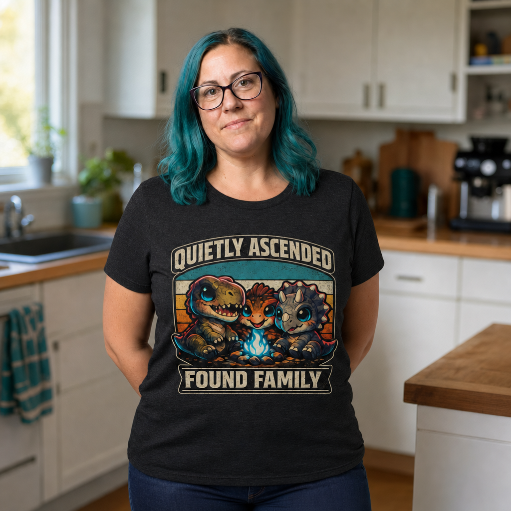 Found Family T-Shirt — Quietly Ascended — AI-generated lifestyle photo (dark grey heather__jess)