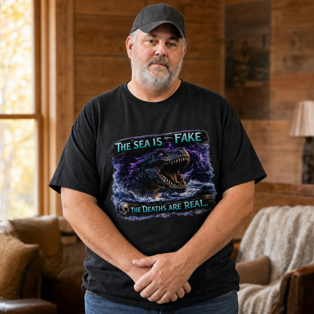 The Sea Is Fake T-Shirt — Quietly Ascended — AI-generated lifestyle photo (dark grey heather__mac)