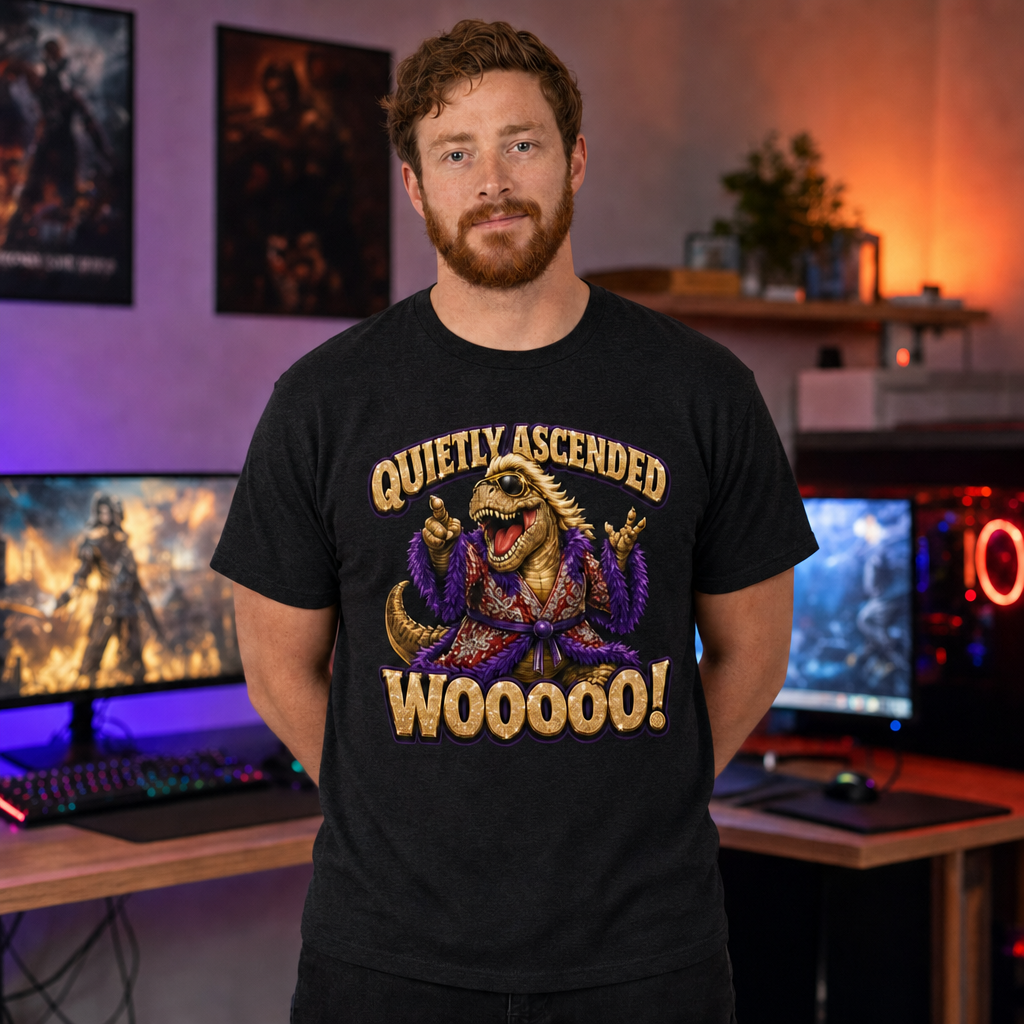Woooo! T-Shirt — Quietly Ascended — AI-generated lifestyle photo (dark grey heather__ryan)
