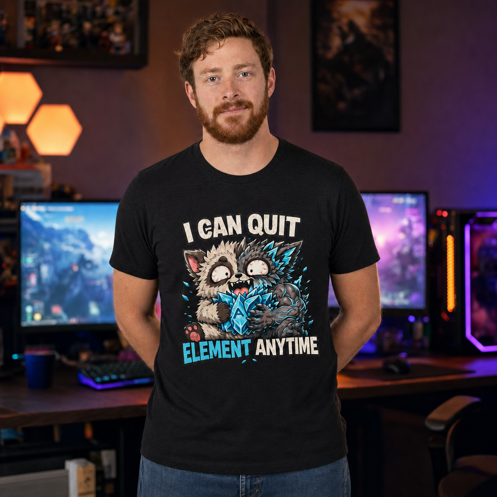 I Can Quit Element Anytime T-Shirt — Quietly Ascended — AI-generated lifestyle photo (dark grey heather__ryan)