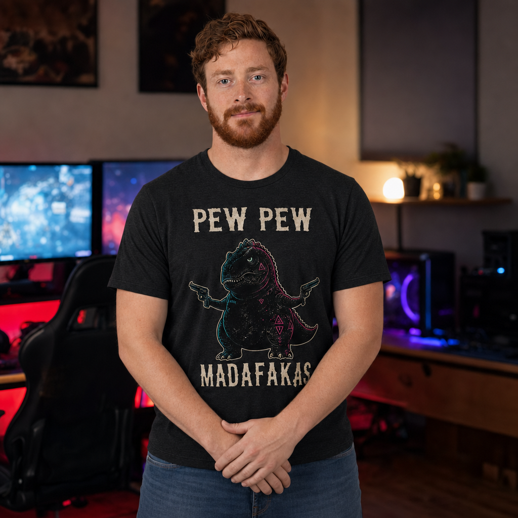 Pew Pew Madness T-Shirt — Quietly Ascended — AI-generated lifestyle photo (dark grey heather__ryan)