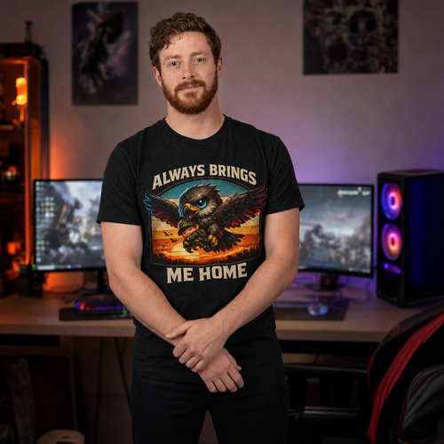 Always Brings Me Home T-Shirt — Quietly Ascended — AI-generated lifestyle photo (dark grey heather__ryan)