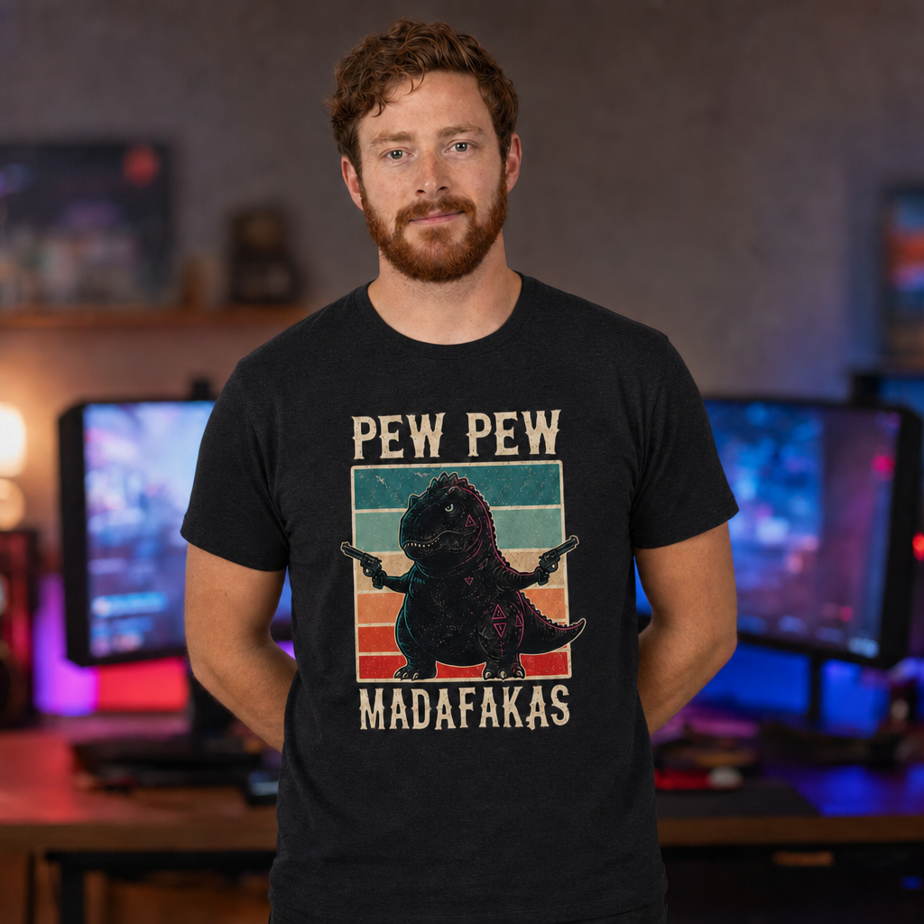 Pew Pew Madness T-Shirt — Alt Print — Quietly Ascended — AI-generated lifestyle photo (dark grey heather__ryan)