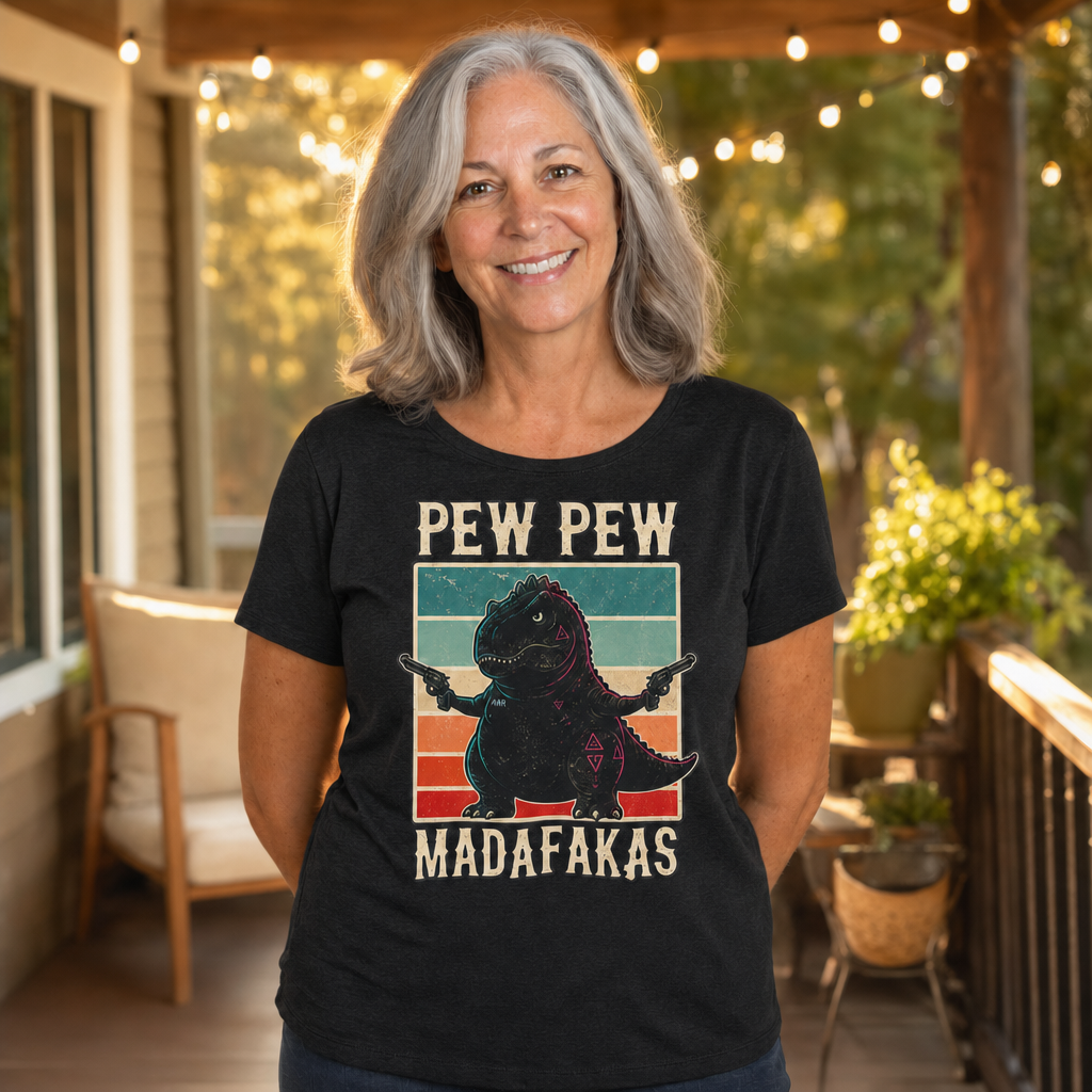 Pew Pew Madness T-Shirt — Alt Print — Quietly Ascended — AI-generated lifestyle photo (dark grey heather__sam)