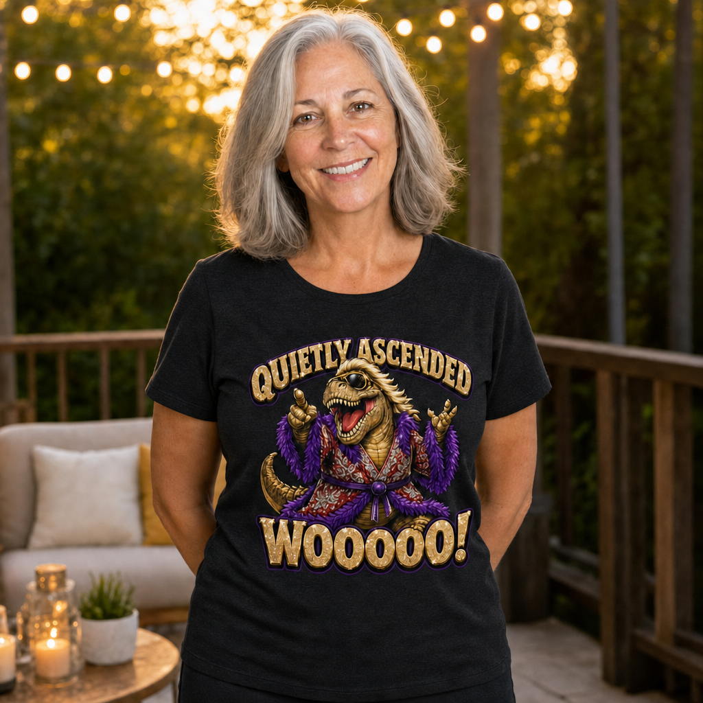 Woooo! T-Shirt — Quietly Ascended — AI-generated lifestyle photo (dark grey heather__sam)