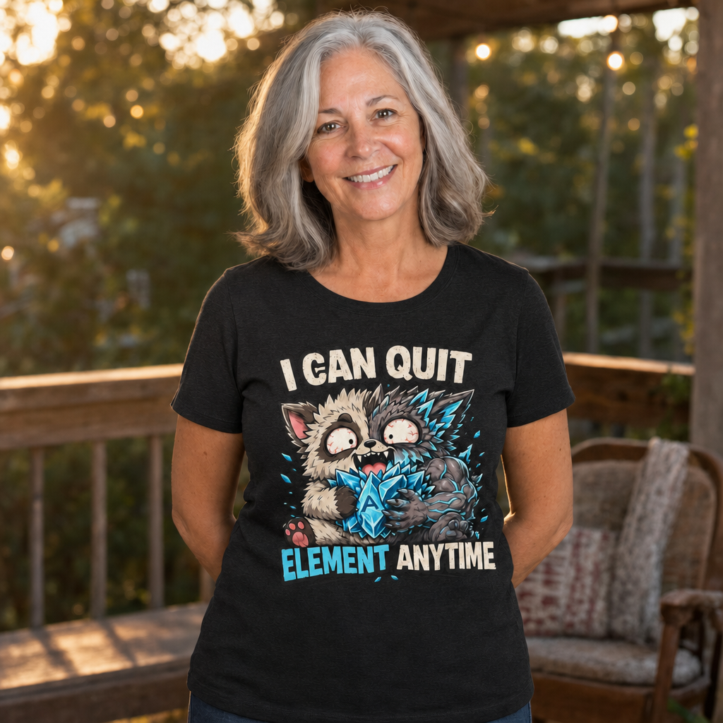 I Can Quit Element Anytime T-Shirt — Quietly Ascended — AI-generated lifestyle photo (dark grey heather__sam)