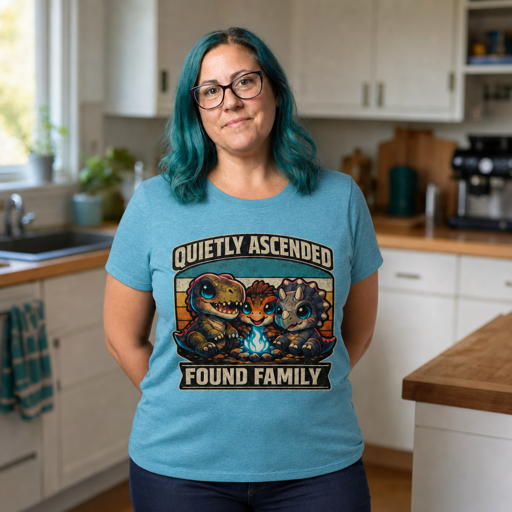 Found Family T-Shirt — Quietly Ascended — AI-generated lifestyle photo (heather aqua__jess)