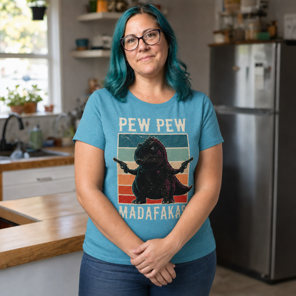 Pew Pew Madness T-Shirt — Quietly Ascended — AI-generated lifestyle photo (heather aqua__jess)
