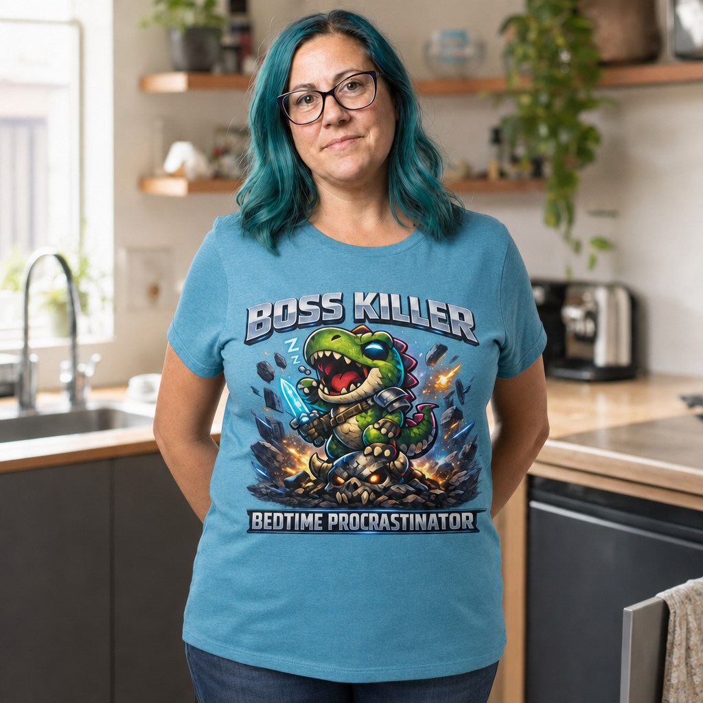 Boss Killer, Bedtime Procrastinator T-Shirt — Alt Print — Quietly Ascended — AI-generated lifestyle photo (heather aqua__jess)