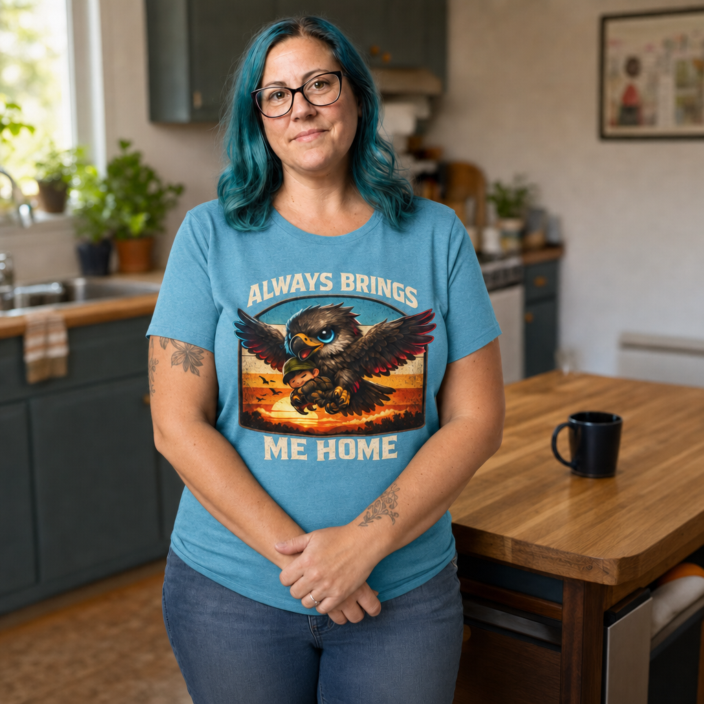 Always Brings Me Home T-Shirt — Quietly Ascended — AI-generated lifestyle photo (heather aqua__jess)