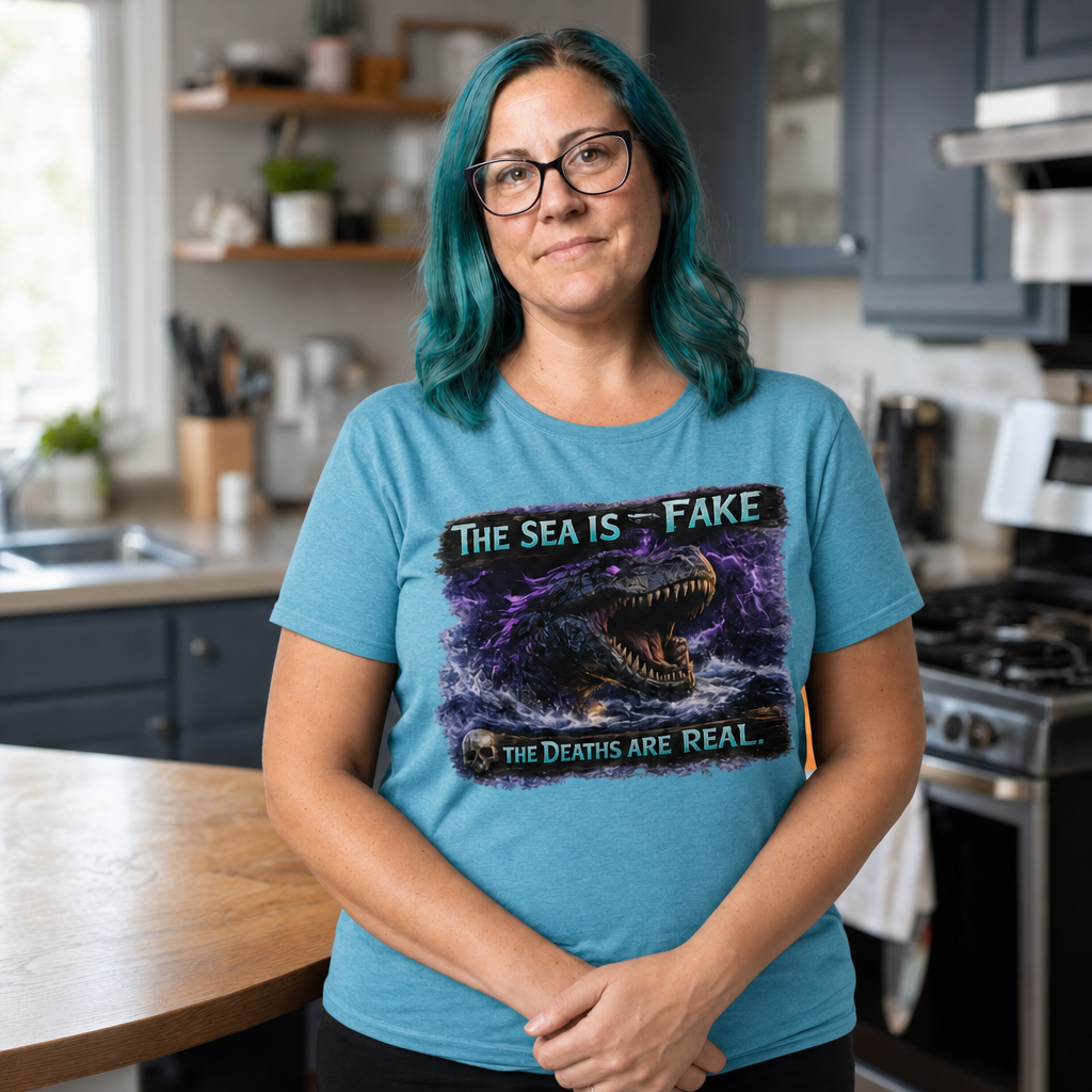 The Sea Is Fake T-Shirt — Quietly Ascended — AI-generated lifestyle photo (heather aqua__jess)