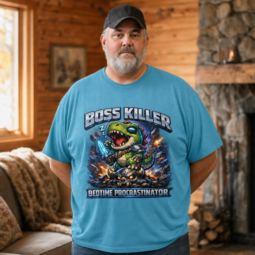 Boss Killer, Bedtime Procrastinator T-Shirt — Alt Print — Quietly Ascended — AI-generated lifestyle photo (heather aqua__mac)
