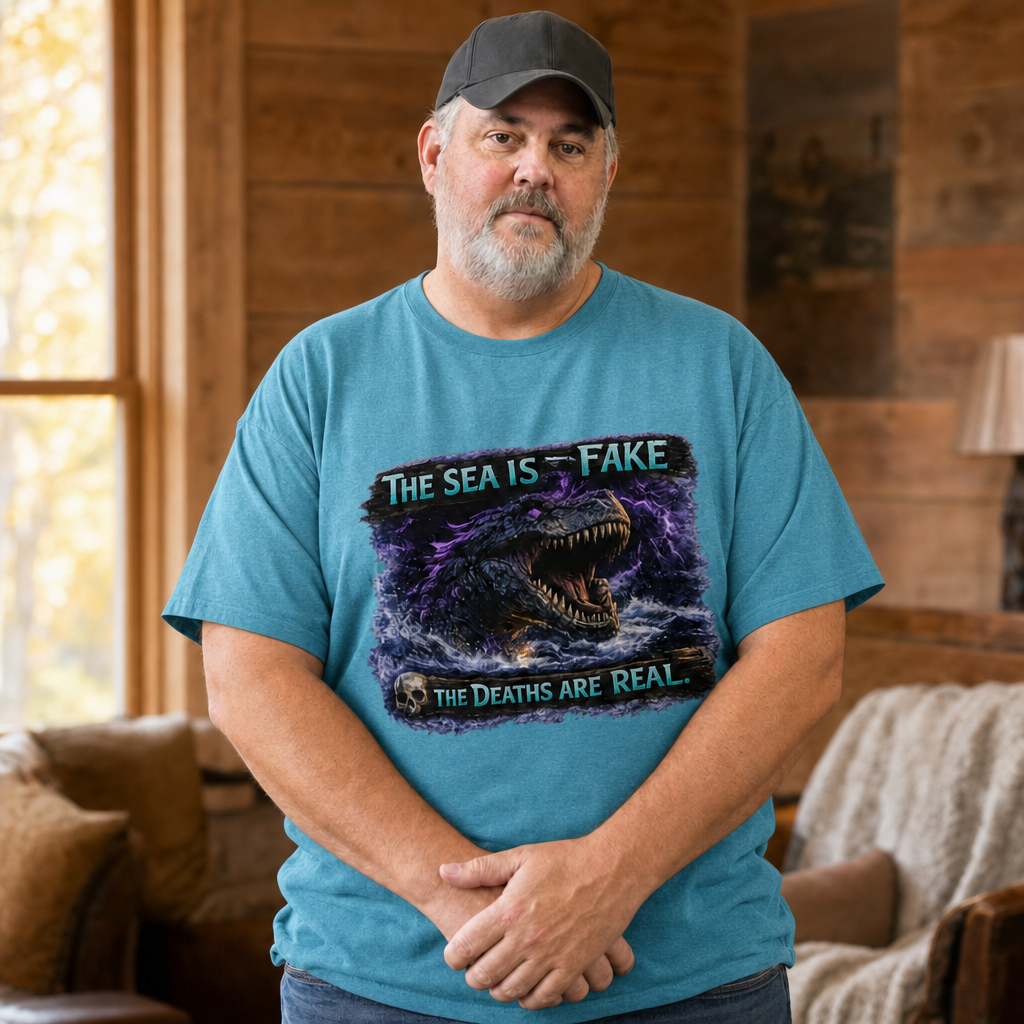 The Sea Is Fake T-Shirt — Quietly Ascended — AI-generated lifestyle photo (heather aqua__mac)