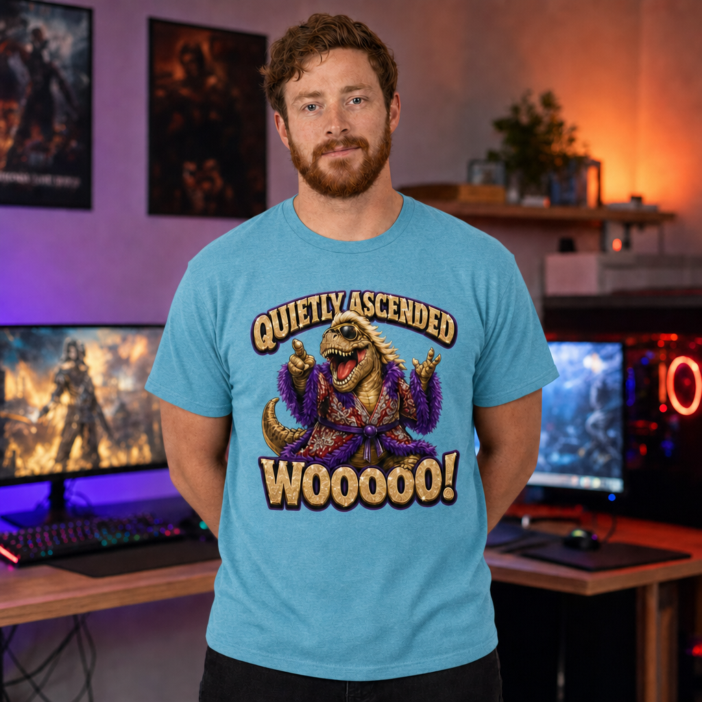 Woooo! T-Shirt — Quietly Ascended — AI-generated lifestyle photo (heather aqua__ryan)