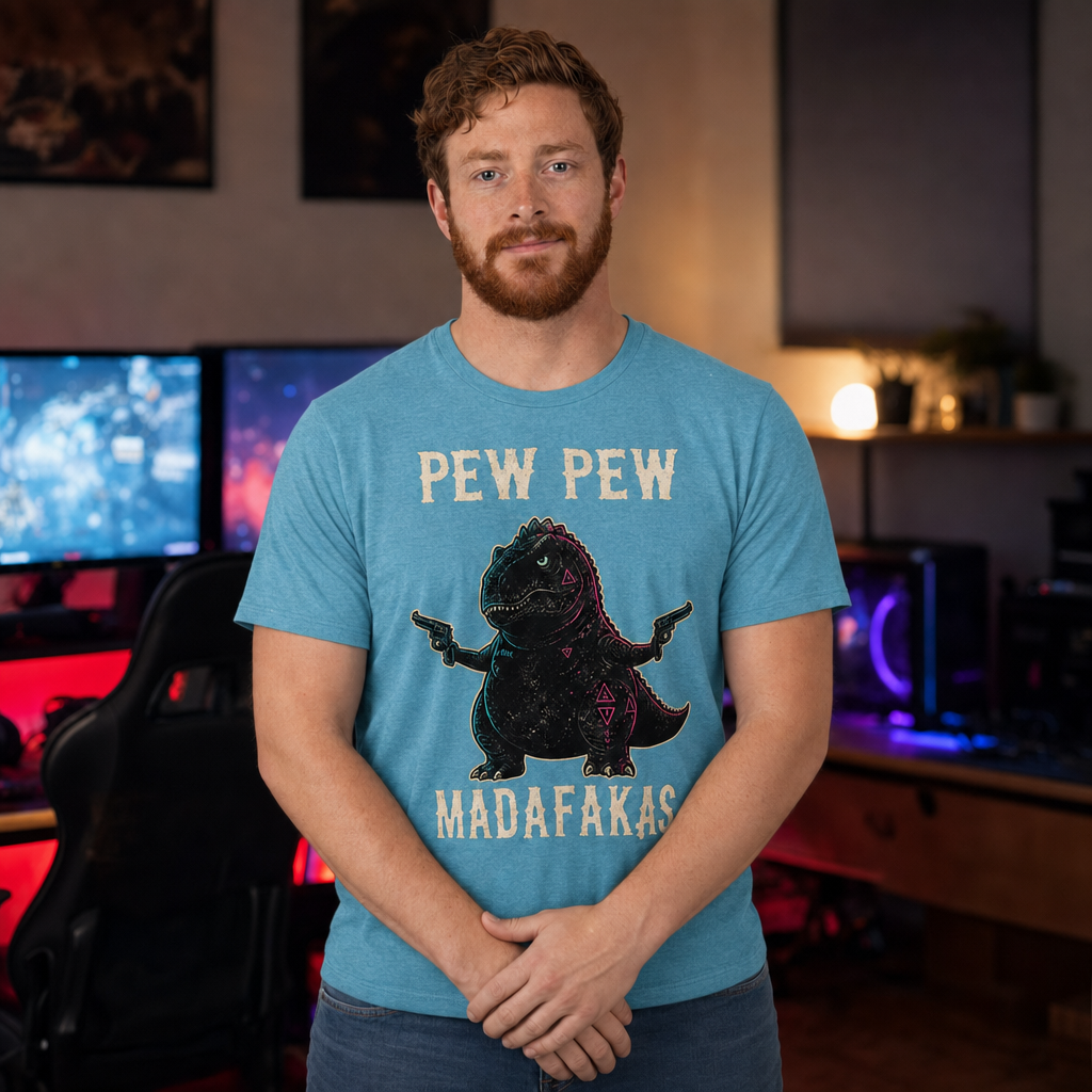 Pew Pew Madness T-Shirt — Quietly Ascended — AI-generated lifestyle photo (heather aqua__ryan)