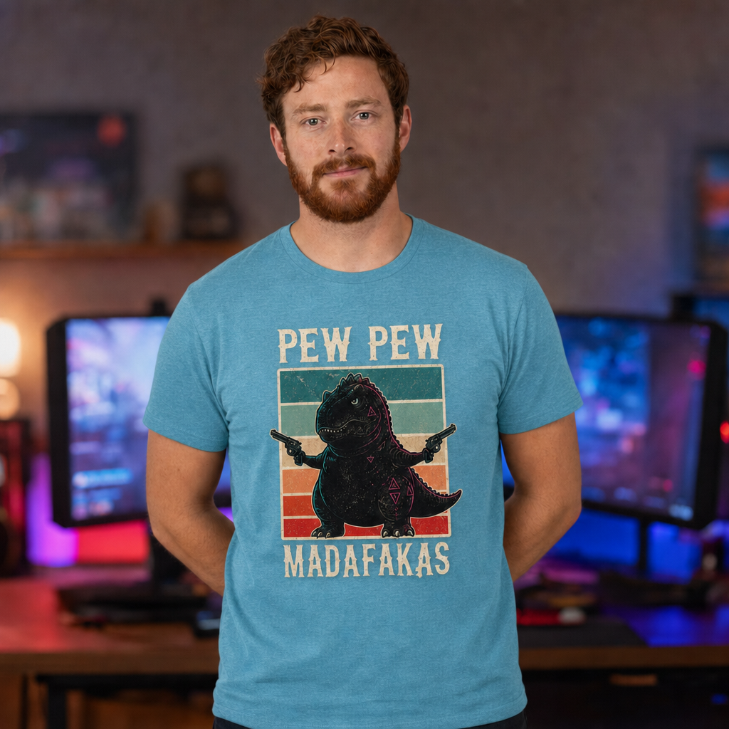 Pew Pew Madness T-Shirt — Alt Print — Quietly Ascended — AI-generated lifestyle photo (heather aqua__ryan)