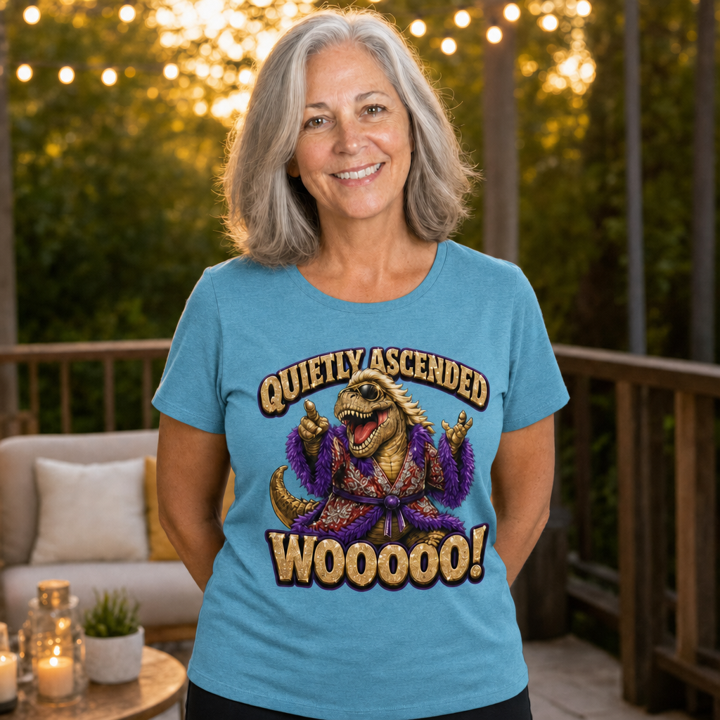 Woooo! T-Shirt — Quietly Ascended — AI-generated lifestyle photo (heather aqua__sam)