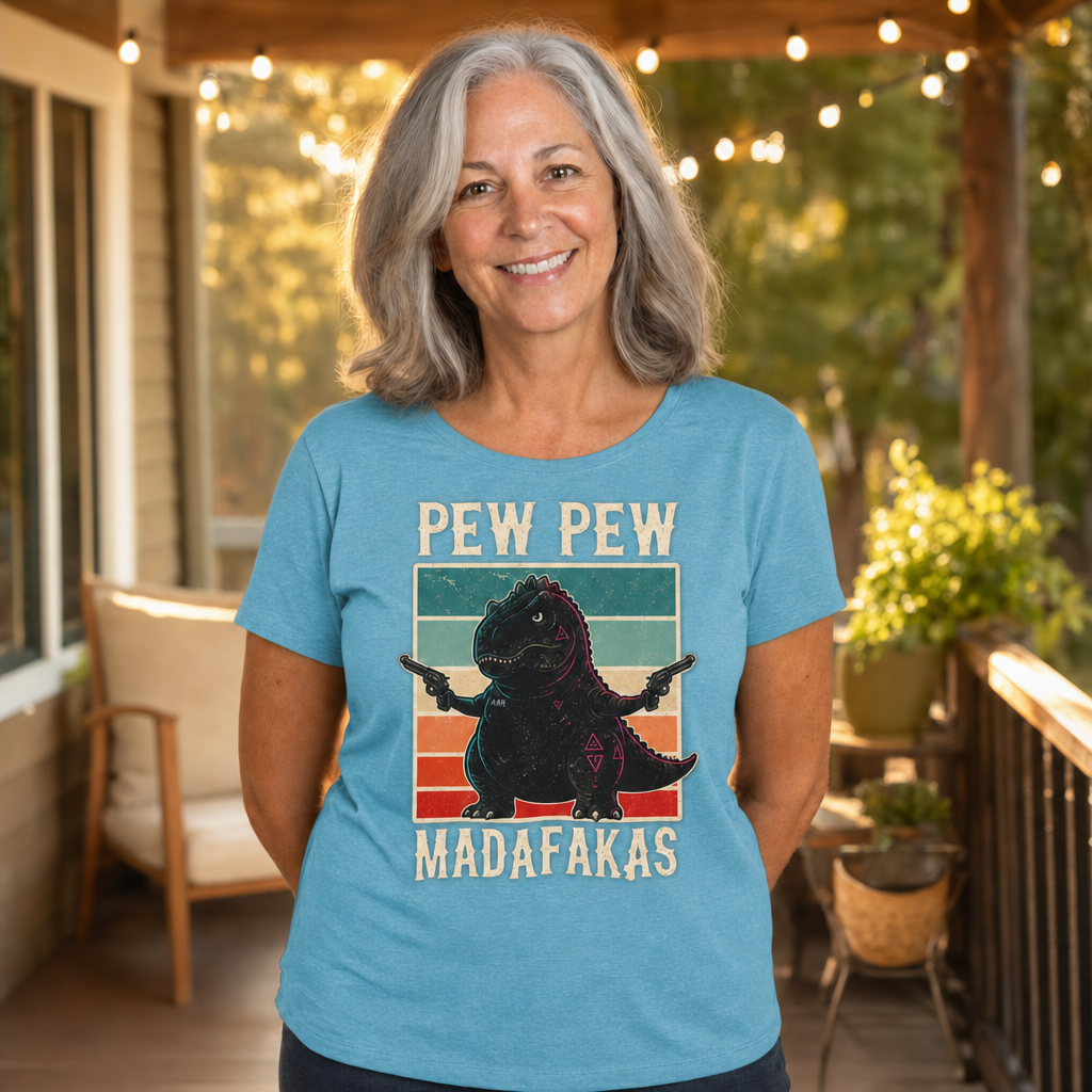 Pew Pew Madness T-Shirt — Alt Print — Quietly Ascended — AI-generated lifestyle photo (heather aqua__sam)