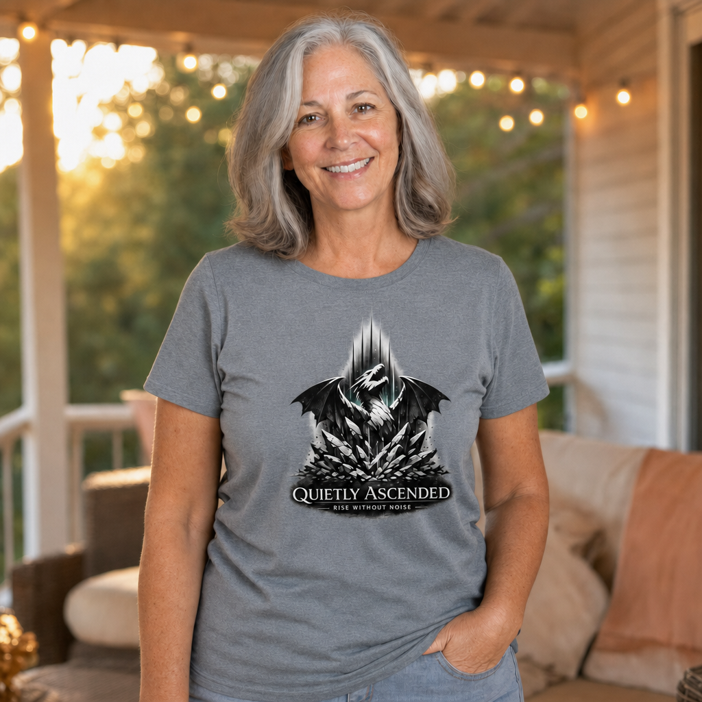 Rise Without Noise Oversized High-Neck T-Shirt — Quietly Ascended — AI-generated lifestyle photo (heather grey__sam)