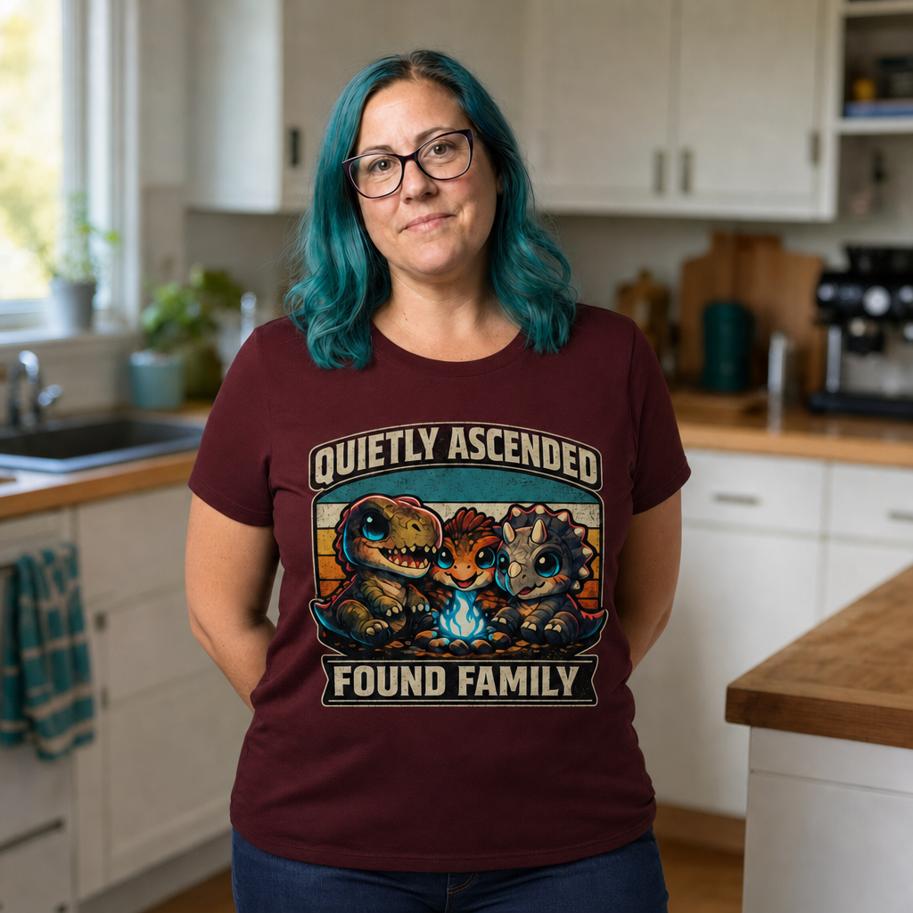 Found Family T-Shirt — Quietly Ascended — AI-generated lifestyle photo (maroon__jess)