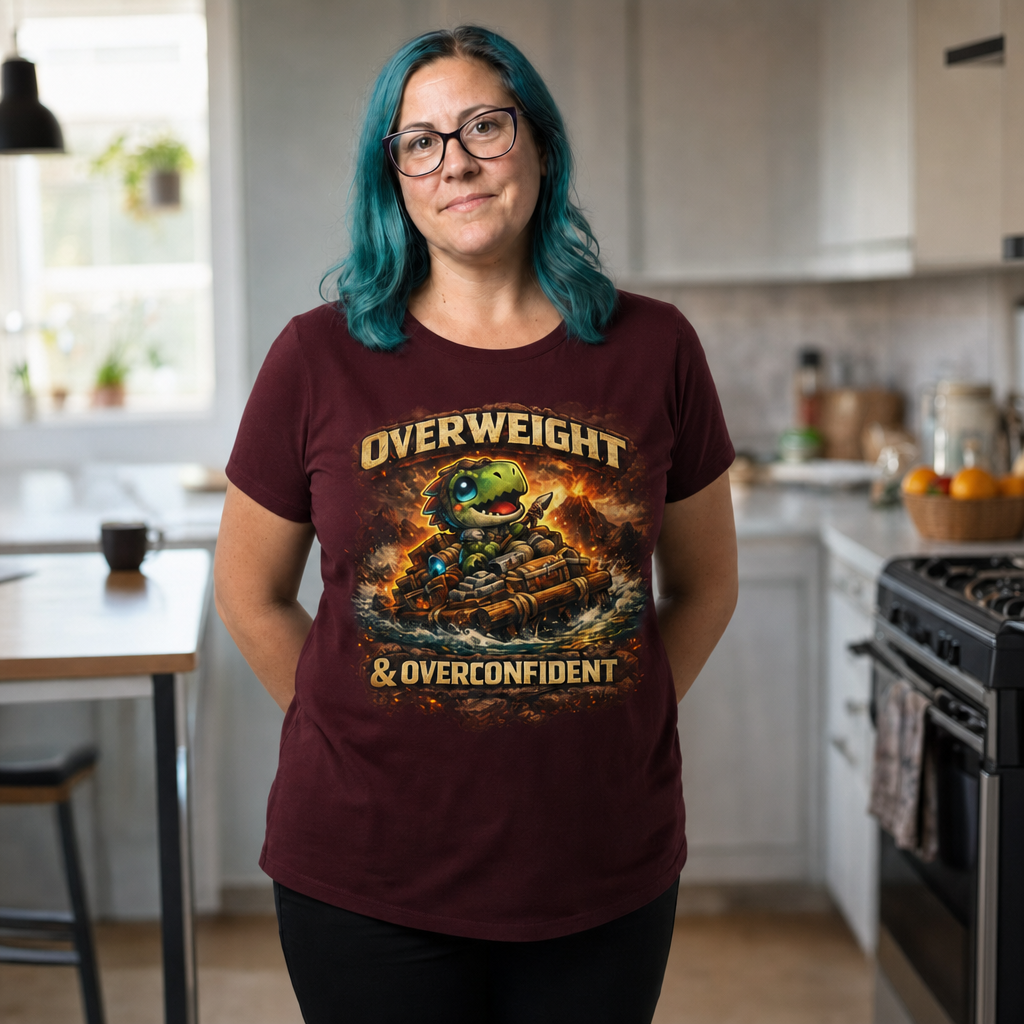 Overweight & Overconfident T-Shirt — Quietly Ascended — AI-generated lifestyle photo (maroon__jess)