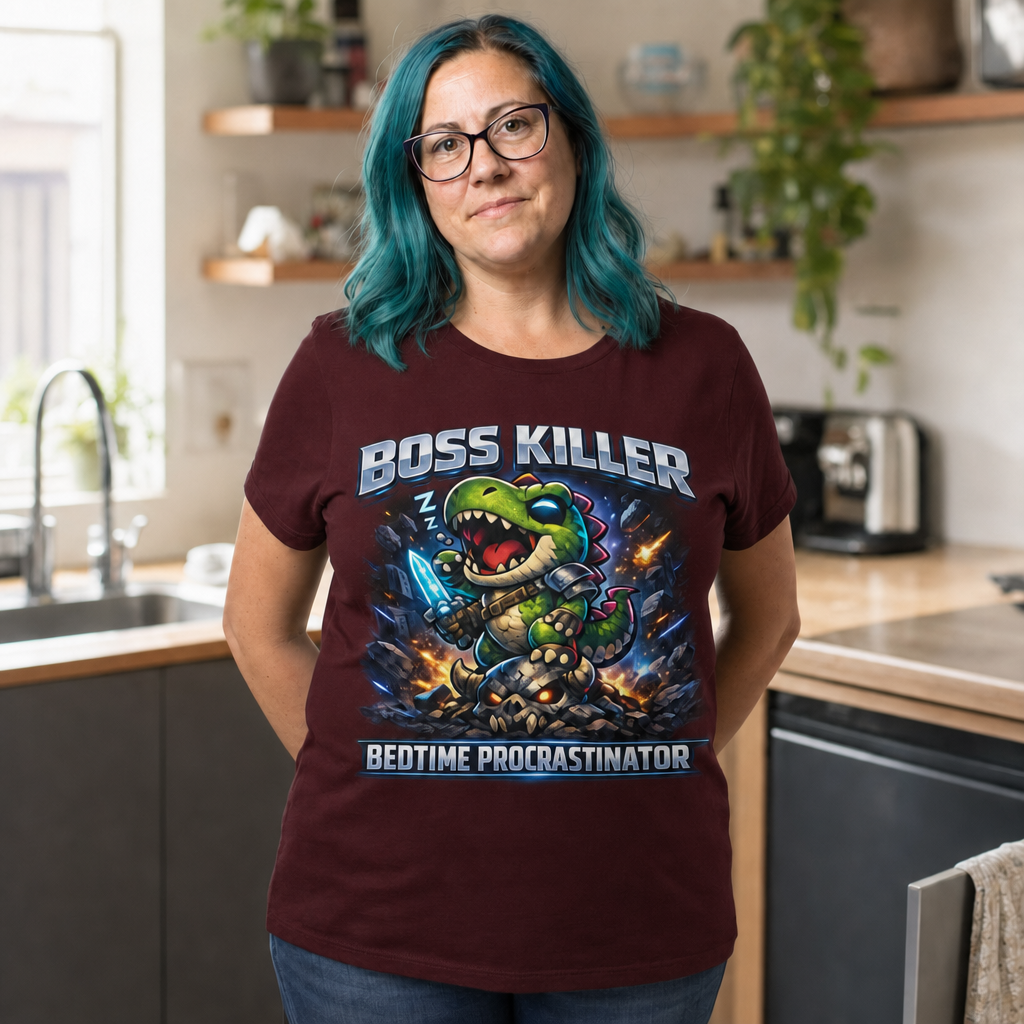 Boss Killer, Bedtime Procrastinator T-Shirt — Alt Print — Quietly Ascended — AI-generated lifestyle photo (maroon__jess)