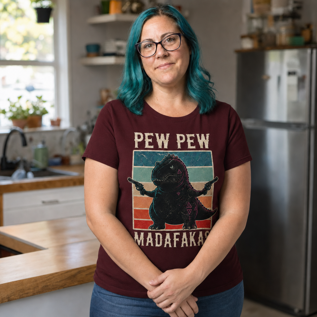 Pew Pew Madness T-Shirt — Quietly Ascended — AI-generated lifestyle photo (maroon__jess)
