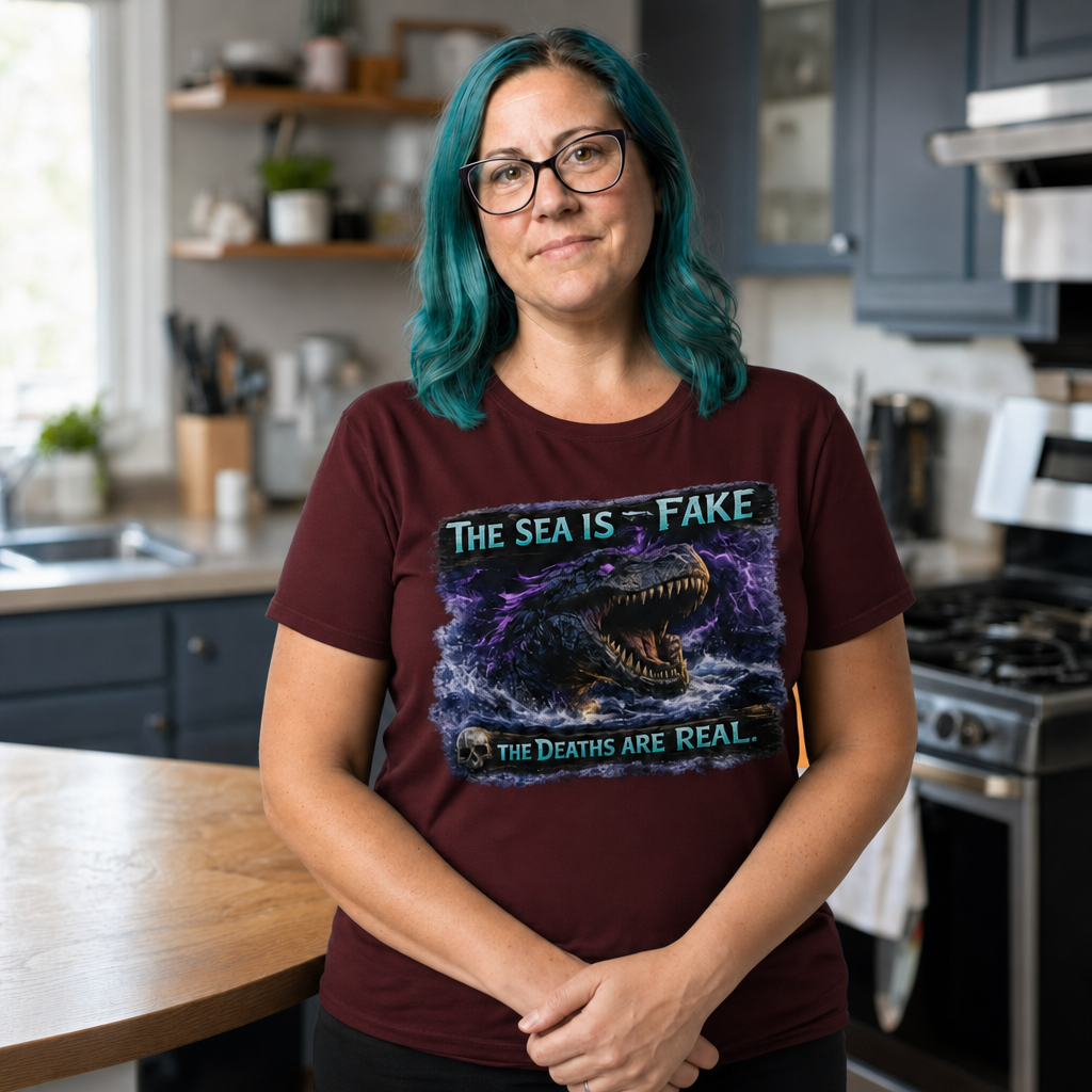 The Sea Is Fake T-Shirt — Quietly Ascended — AI-generated lifestyle photo (maroon__jess)