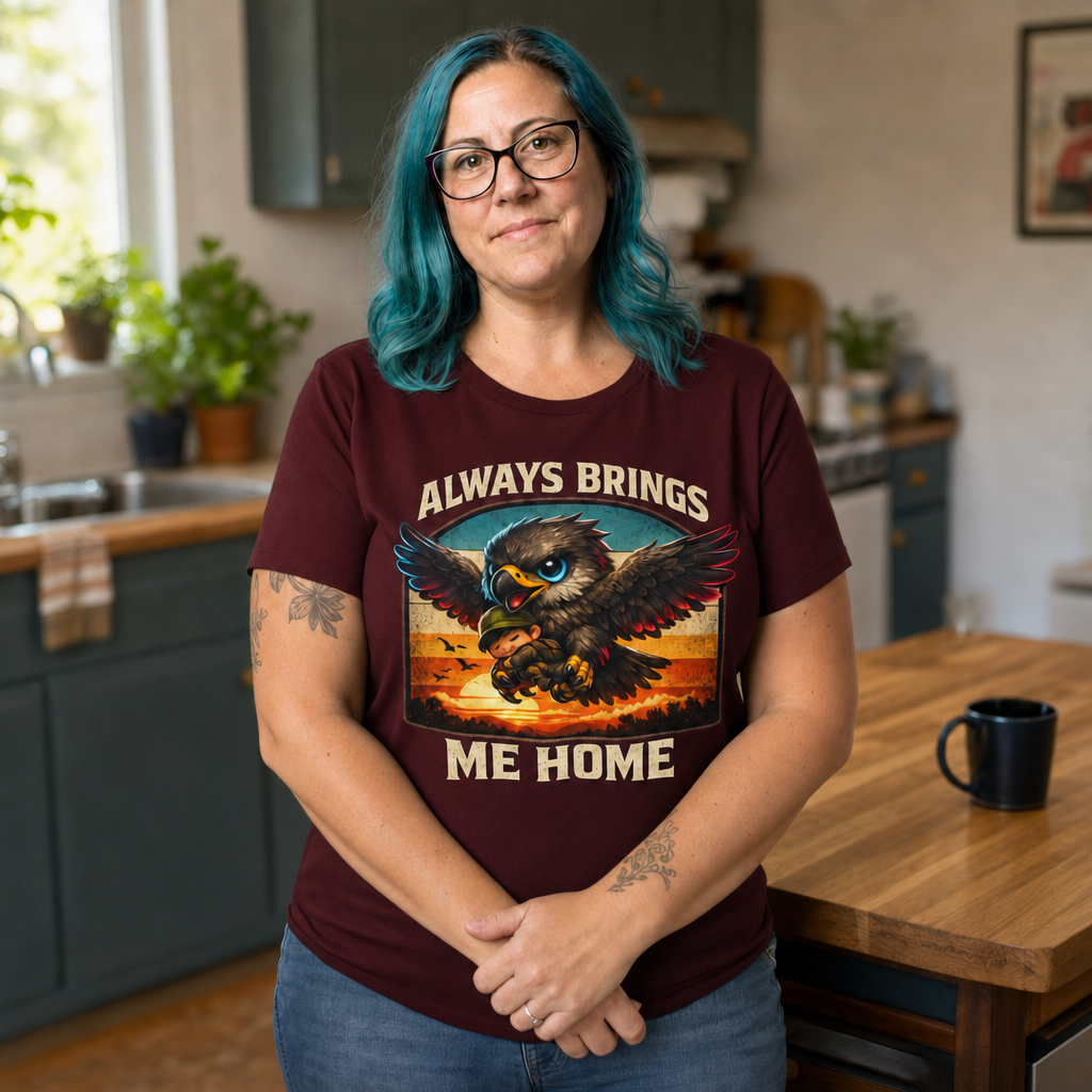 Always Brings Me Home T-Shirt — Quietly Ascended — AI-generated lifestyle photo (maroon__jess)