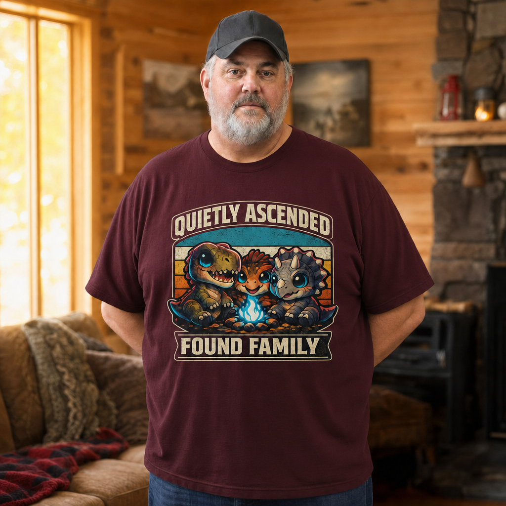 Found Family T-Shirt — Quietly Ascended — AI-generated lifestyle photo (maroon__mac)
