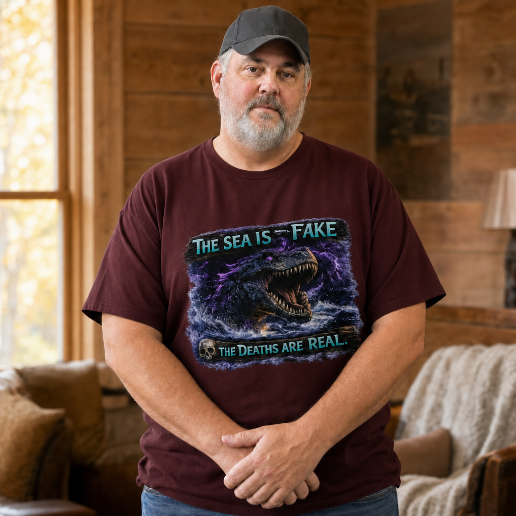 The Sea Is Fake T-Shirt — Quietly Ascended — AI-generated lifestyle photo (maroon__mac)