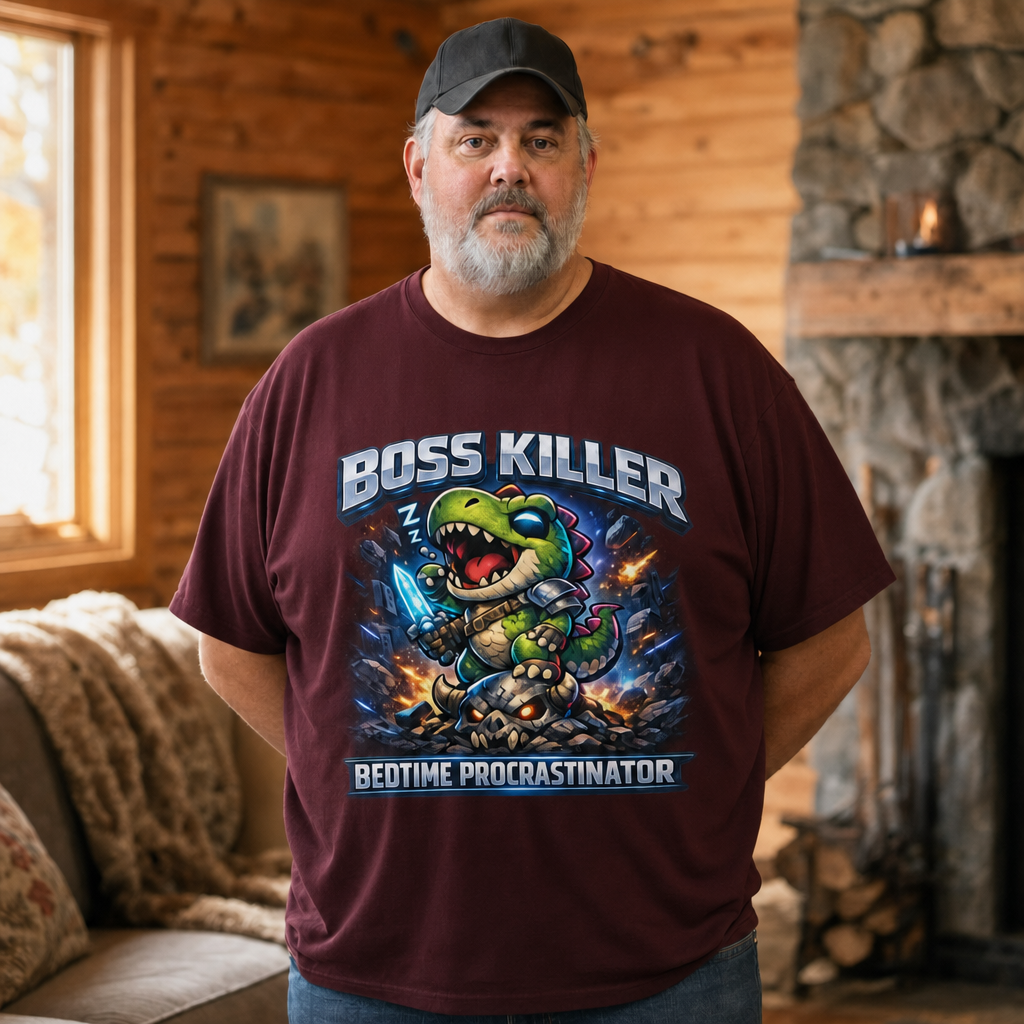 Boss Killer, Bedtime Procrastinator T-Shirt — Alt Print — Quietly Ascended — AI-generated lifestyle photo (maroon__mac)