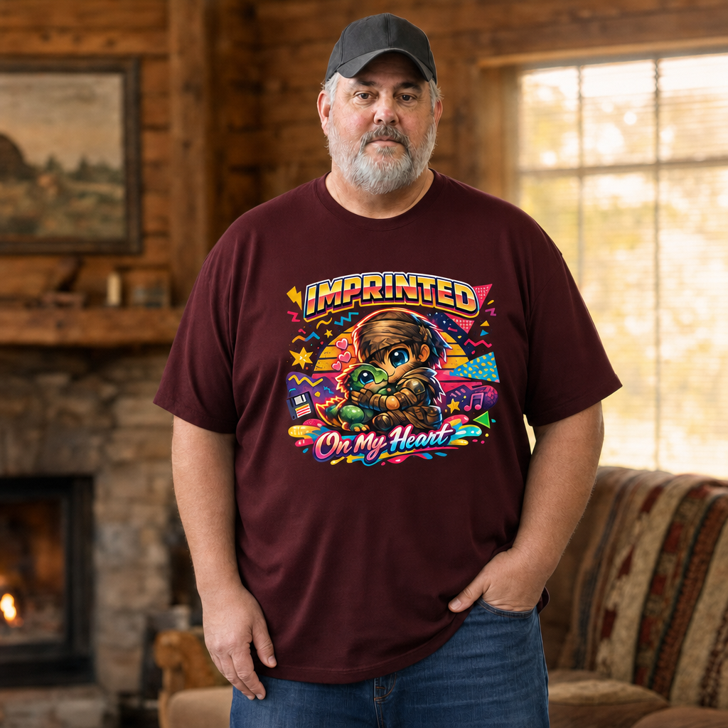 Imprinted on My Heart T-Shirt — Quietly Ascended — AI-generated lifestyle photo (maroon__mac)