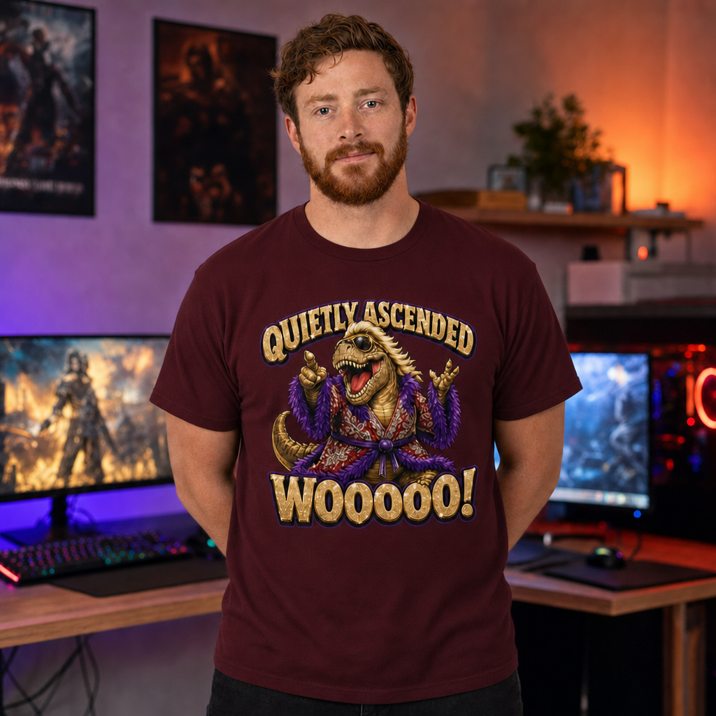 Woooo! T-Shirt — Quietly Ascended — AI-generated lifestyle photo (maroon__ryan)