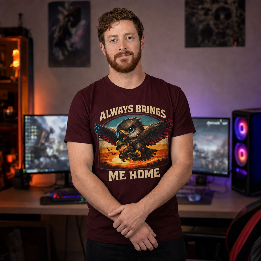Always Brings Me Home T-Shirt — Quietly Ascended — AI-generated lifestyle photo (maroon__ryan)