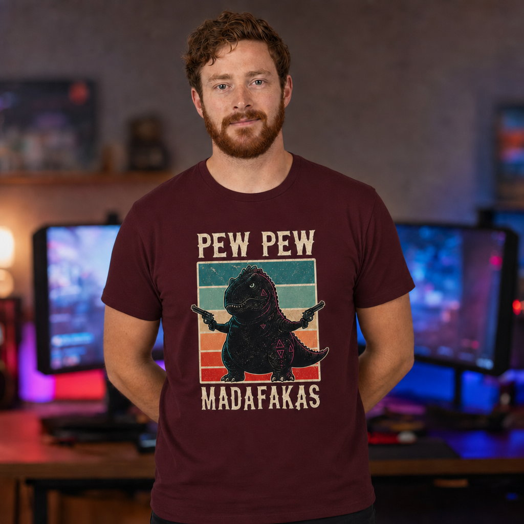 Pew Pew Madness T-Shirt — Alt Print — Quietly Ascended — AI-generated lifestyle photo (maroon__ryan)