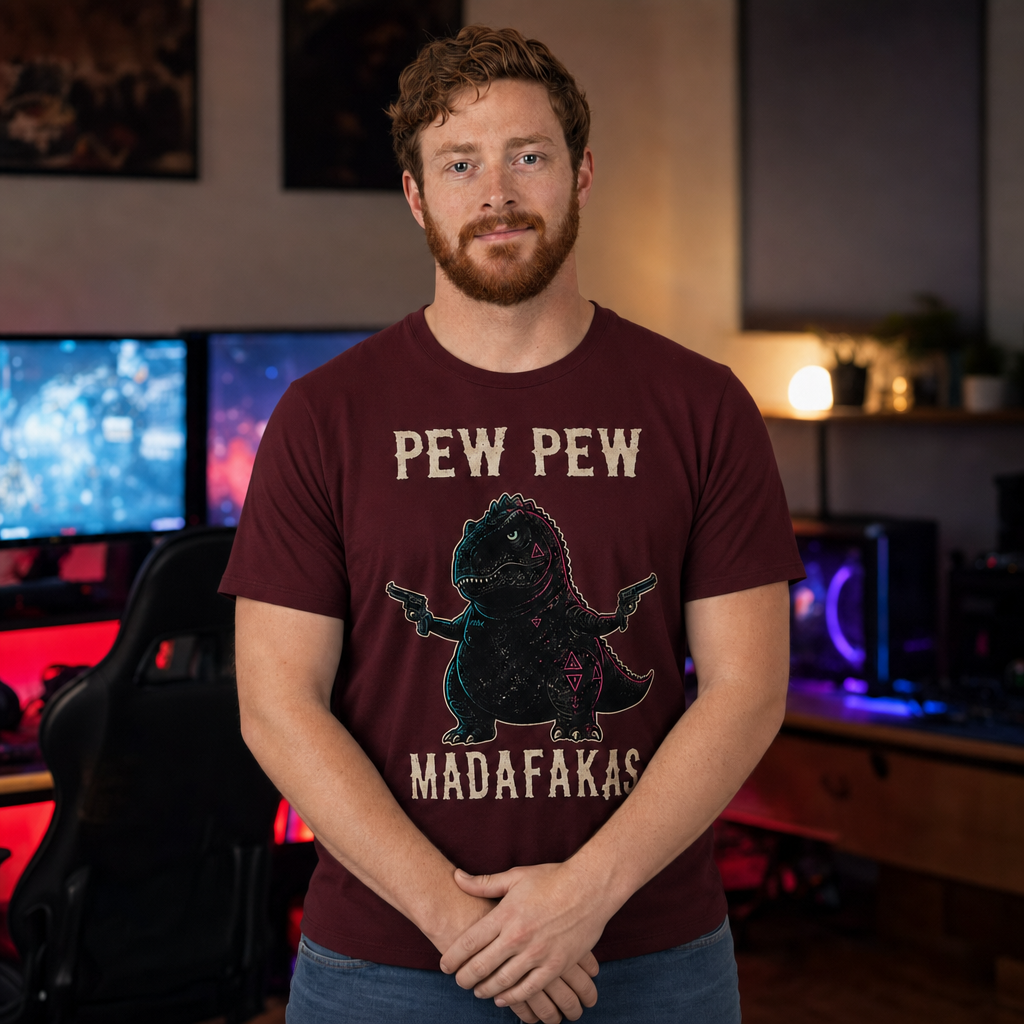 Pew Pew Madness T-Shirt — Quietly Ascended — AI-generated lifestyle photo (maroon__ryan)