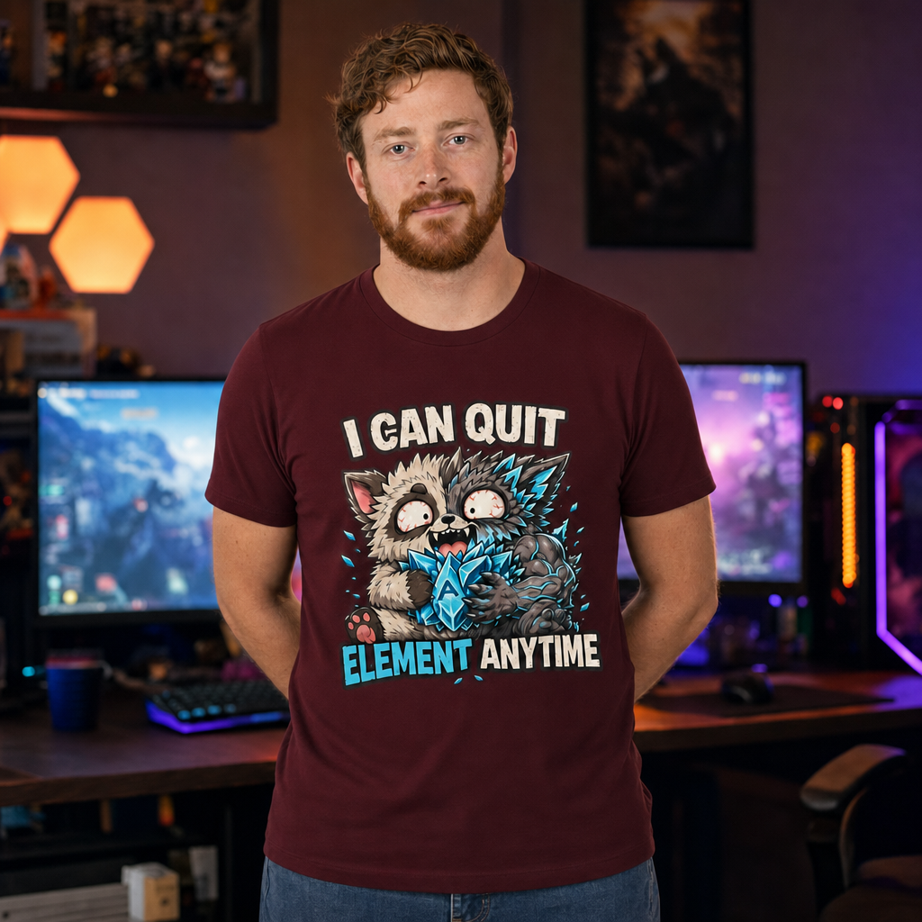 I Can Quit Element Anytime T-Shirt — Quietly Ascended — AI-generated lifestyle photo (maroon__ryan)