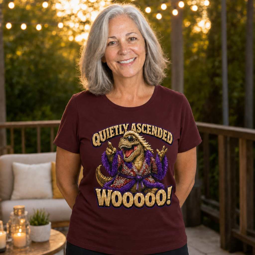 Woooo! T-Shirt — Quietly Ascended — AI-generated lifestyle photo (maroon__sam)