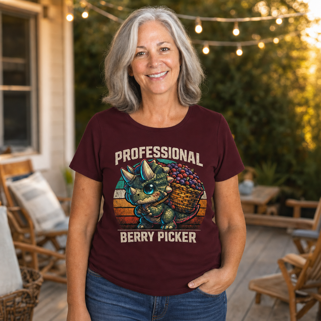 Professional Berry Picker T-Shirt — Quietly Ascended — AI-generated lifestyle photo (maroon__sam)
