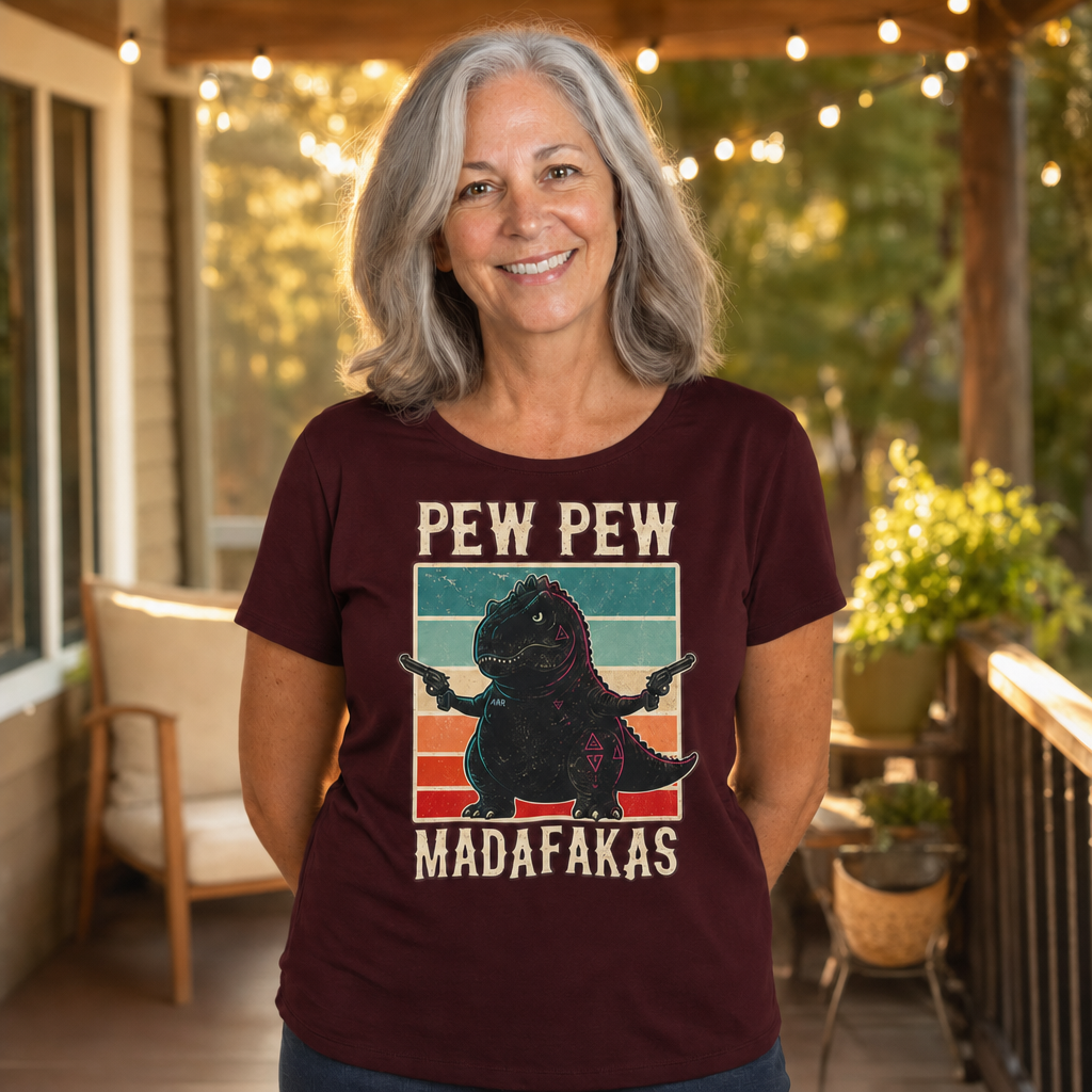 Pew Pew Madness T-Shirt — Alt Print — Quietly Ascended — AI-generated lifestyle photo (maroon__sam)