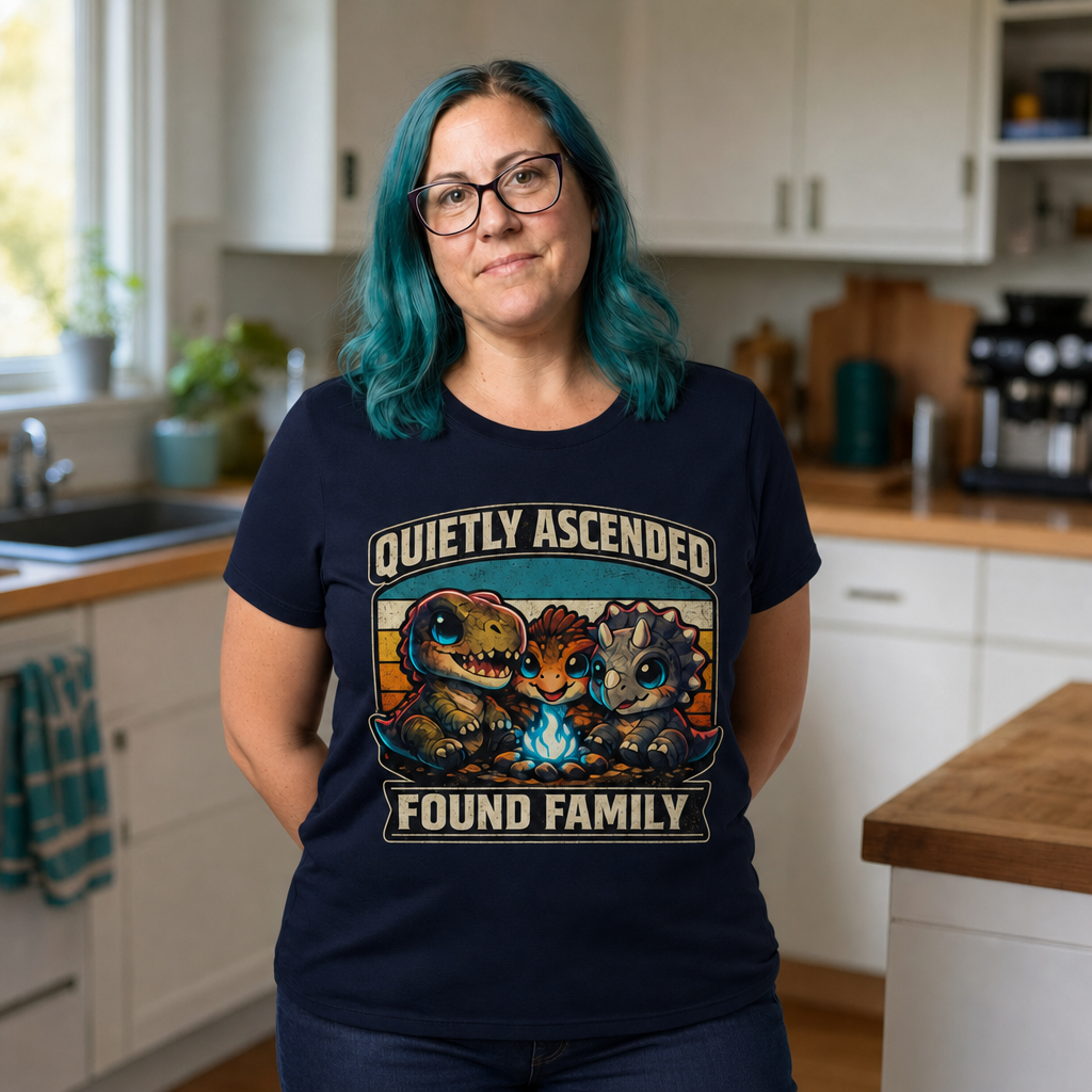 Found Family T-Shirt — Quietly Ascended — AI-generated lifestyle photo (navy__jess)