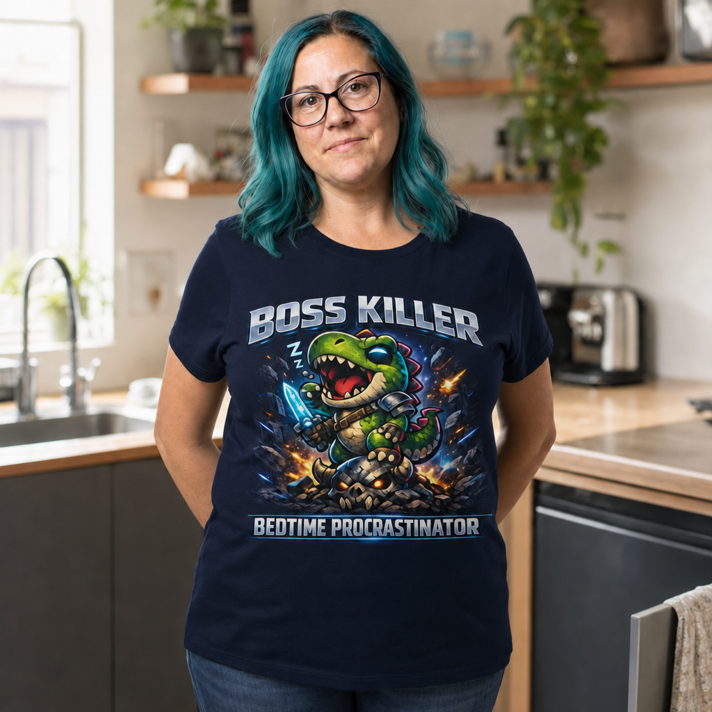 Boss Killer, Bedtime Procrastinator T-Shirt — Alt Print — Quietly Ascended — AI-generated lifestyle photo (navy__jess)