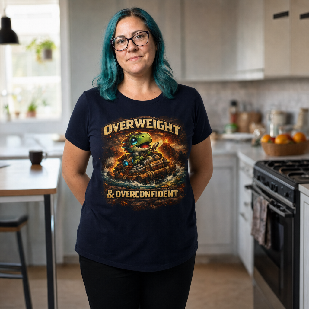 Overweight & Overconfident T-Shirt — Quietly Ascended — AI-generated lifestyle photo (navy__jess)